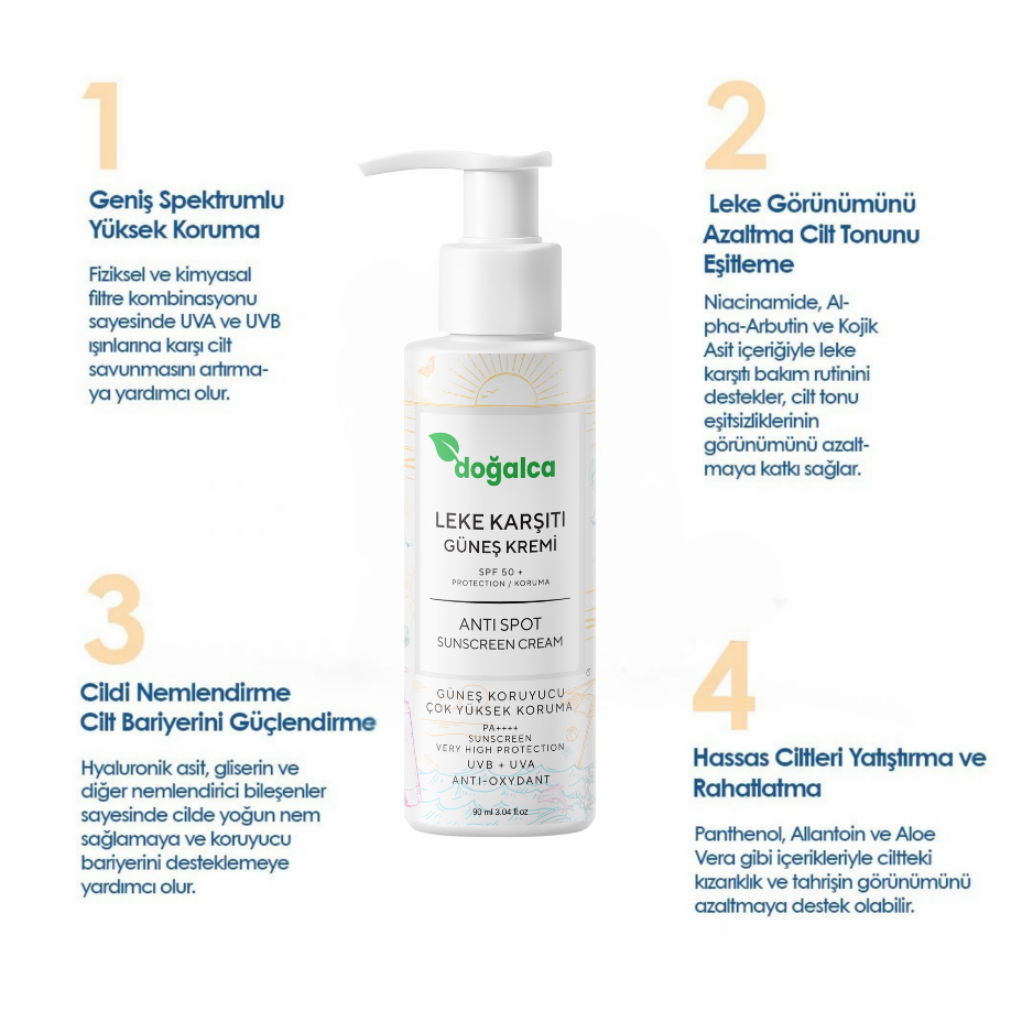 Spf 50+ Yüksek Korumalı Yoğun Leke Karşıtı Nemlendirici Güneş Kremi, 90ml