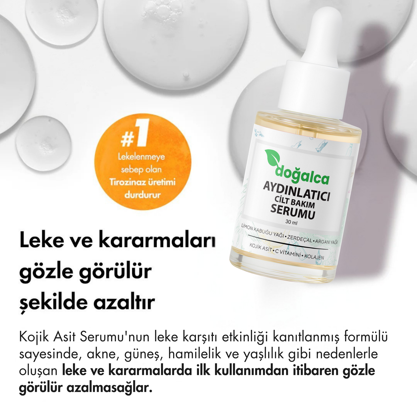 Kojik Asit & Zerdeçal Leke Karşıtı & Cilt Tonu Eşitleyen Aydınlatıcı Cildi Parlatan Yüz Serumu 30 ml