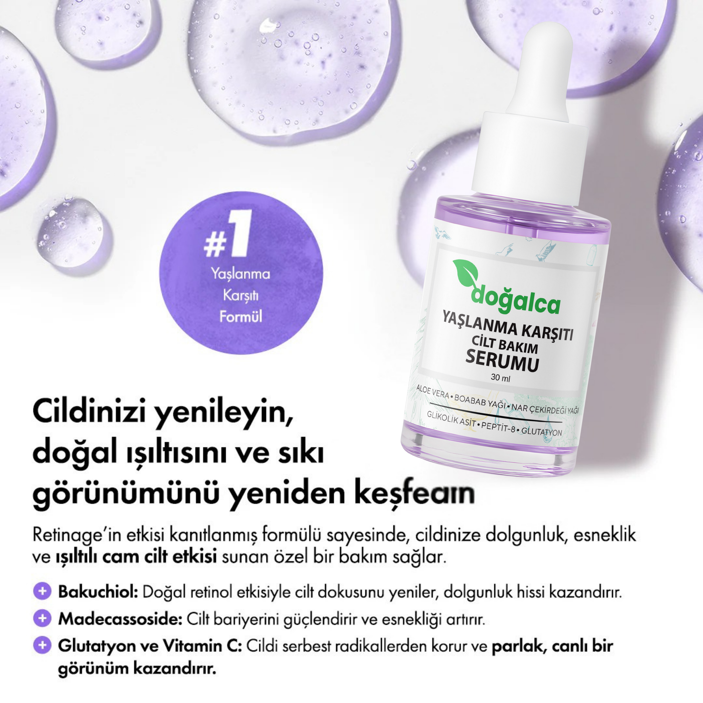 Aleovera & Peptit Yaşlanma, Kaz Ayakları & Kırışıklık Karşıtı Yüz Serumu 30 ml
